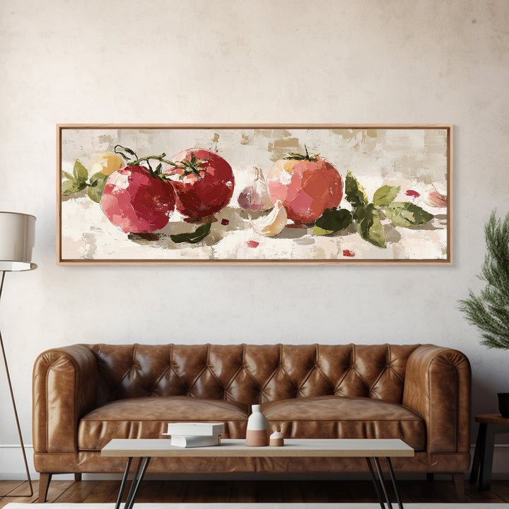Tomatoes Garlic and Basil on Linen Framed Canvas Print, Kitchen Art, Digital Art, Kitchen Decor, Kitchen, Minimalist Wall Art, KIT-3x1-67