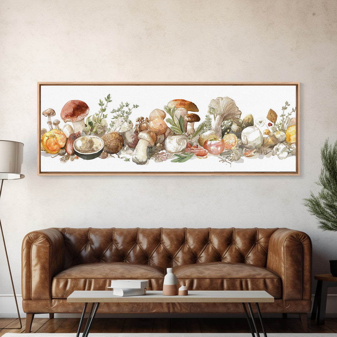 Mushrooms and Thyme Botanical Study Framed Canvas Print, Kitchen Art, Neutral Decor, Kitchen Decor, Fine Art, Kitchen, KIT-3x1-7