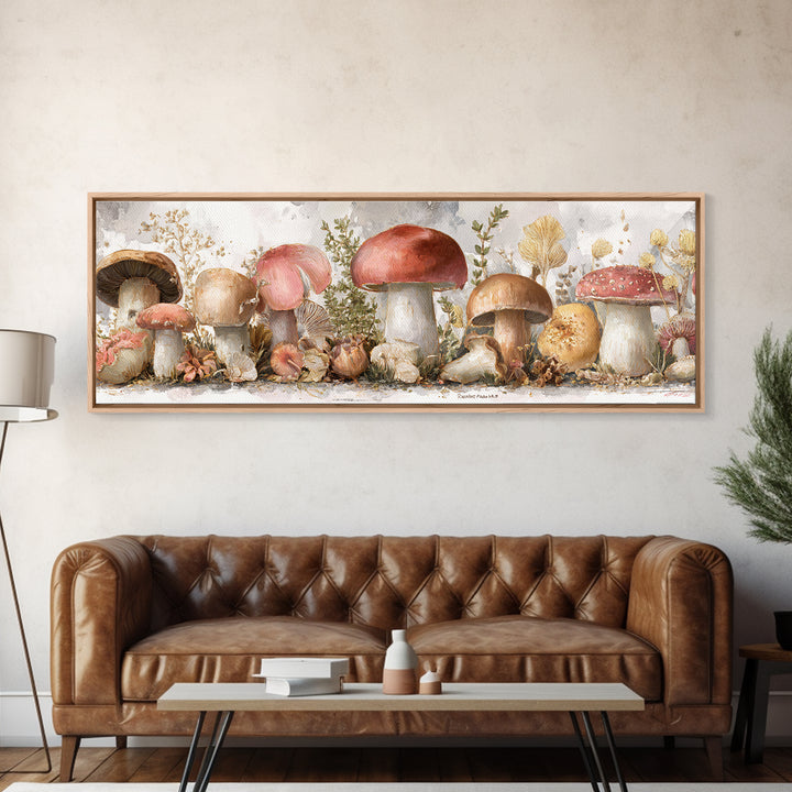 Mushrooms and Thyme Botanical Study Framed Canvas Print, Kitchen Art, Art Deco, Kitchen Decor, Watercolor Art, Kitchen, KIT-3x1-79