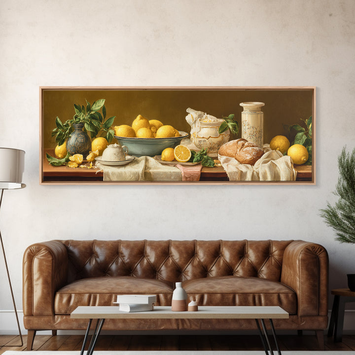 Pasta Lemons and Basil Mediterranean Still Life Framed Canvas Print, Kitchen Art, Coffee Art, Kitchen Decor, Fine Art, Kitchen, KIT-3x1-81