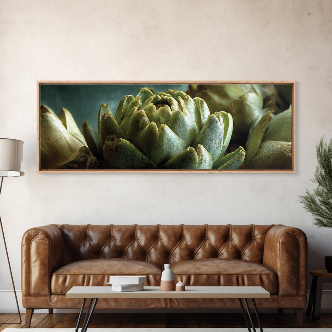 Artichoke Closeup in Painterly Green Tones Framed Canvas Print, Kitchen Art, Kitchen, Kitchen Decor, Fine Art, Kitchen, KIT-3x1-84