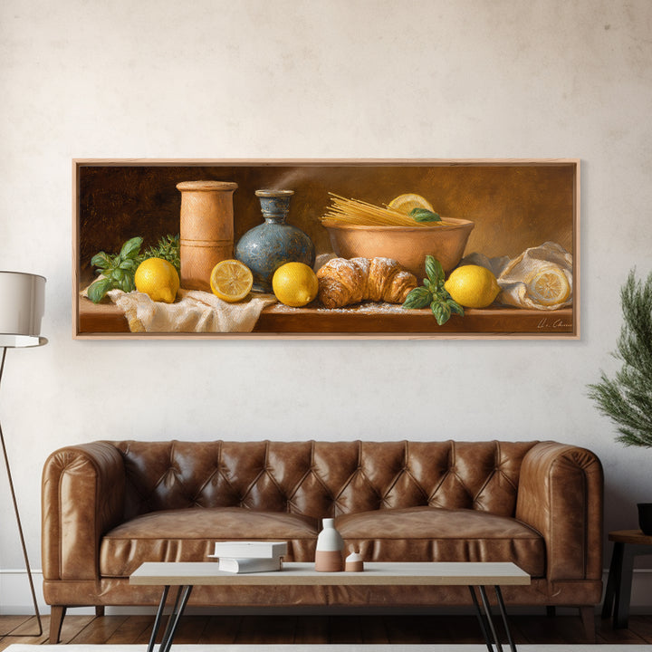 Pasta Lemons and Basil Mediterranean Still Life Framed Canvas Print, Kitchen Art, Digital Wall Art, Kitchen Decor, Kitchen, KIT-3x1-9