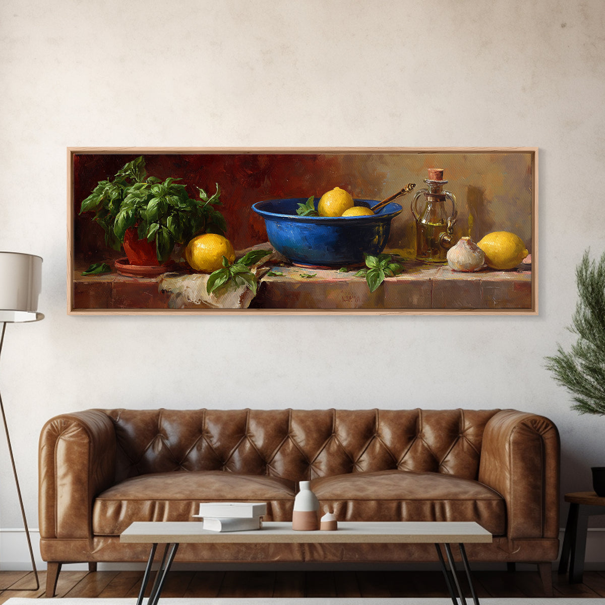 Lemons and Blue Ceramic Bowl Still Life Framed Canvas Print, Kitchen Art, Minimalist Wall Art, Kitchen Decor, Fine Art, Kitchen, KIT-3x1-90