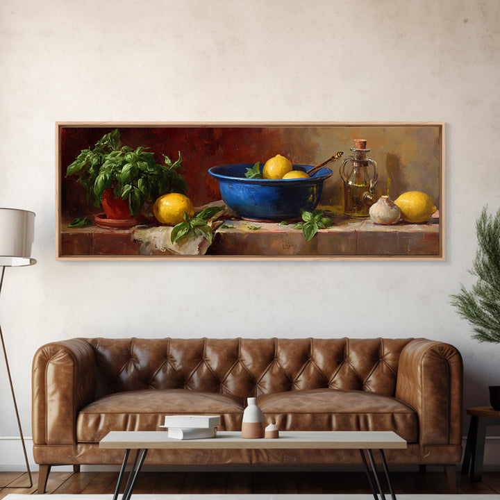 Lemons and Blue Ceramic Bowl Still Life Framed Canvas Print, Kitchen Art, Minimalist Wall Art, Kitchen Decor, Fine Art, Kitchen, KIT-3x1-90