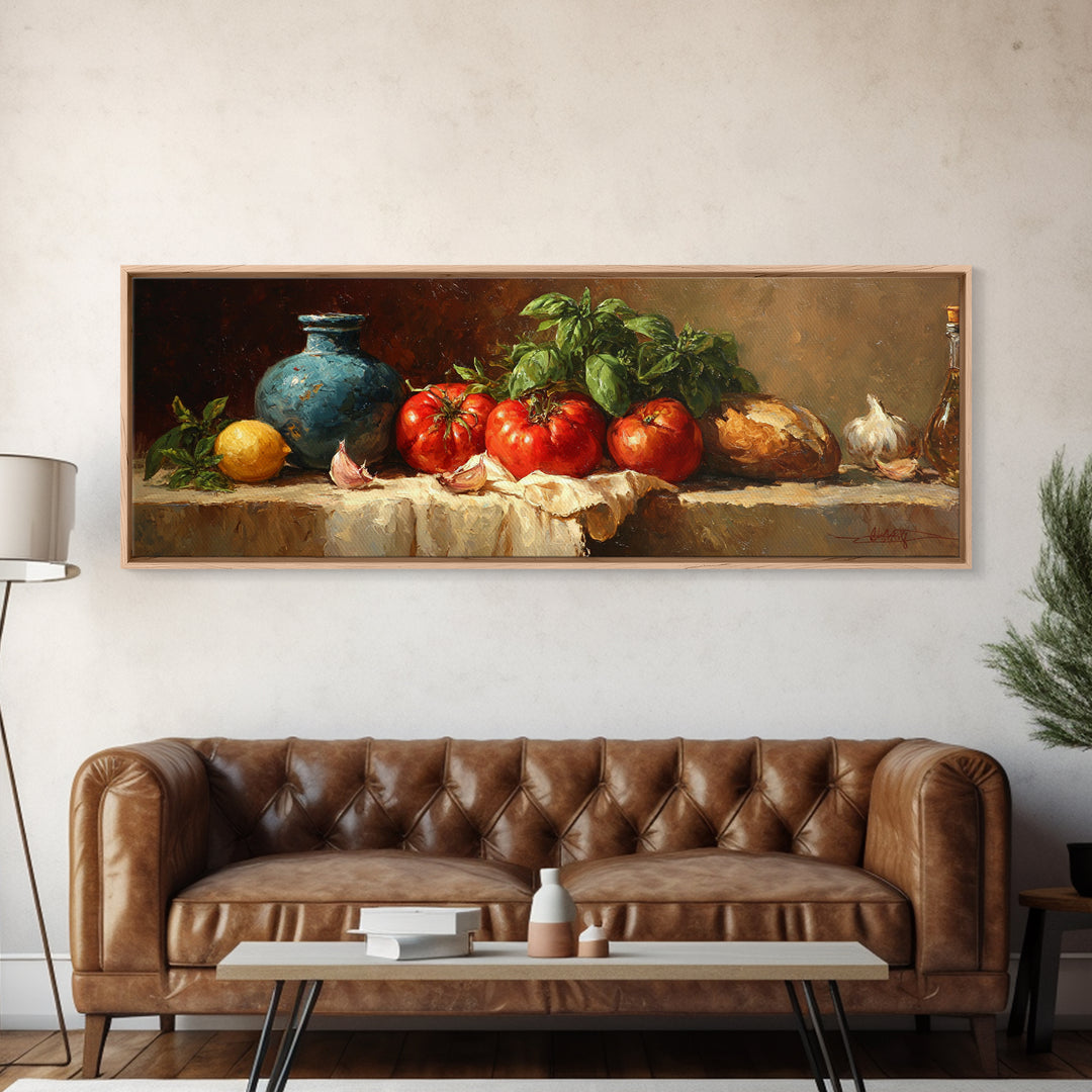 Tomatoes Garlic and Basil on Linen Canvas Print, Kitchen Art, Room Decor, Kitchen Decor, Abstract Art, Kitchen, Digital Art, KIT-3x1-91