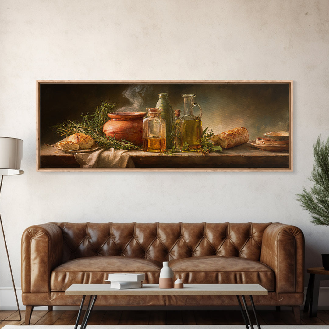 Olive Oil Bottle and Rosemary Branch Canvas Print, Kitchen Art, Bar Cart Decor, Kitchen Decor, Oil Painting, Kitchen, KIT-3x1-93