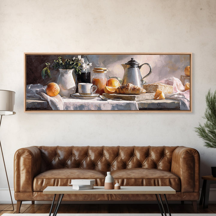 Coffee Pot and Croissant Morning Still Life Canvas Print, Kitchen Art, Textured Painting, Kitchen Decor, Oil Painting, Kitchen, KIT-3x1-95