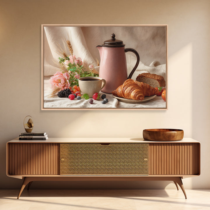 Coffee Pot and Croissant Morning Still Life Canvas Print, Kitchen Art, Coffee Art, Kitchen Decor, Kitchen, Fine Art Print, KIT-3x2-11