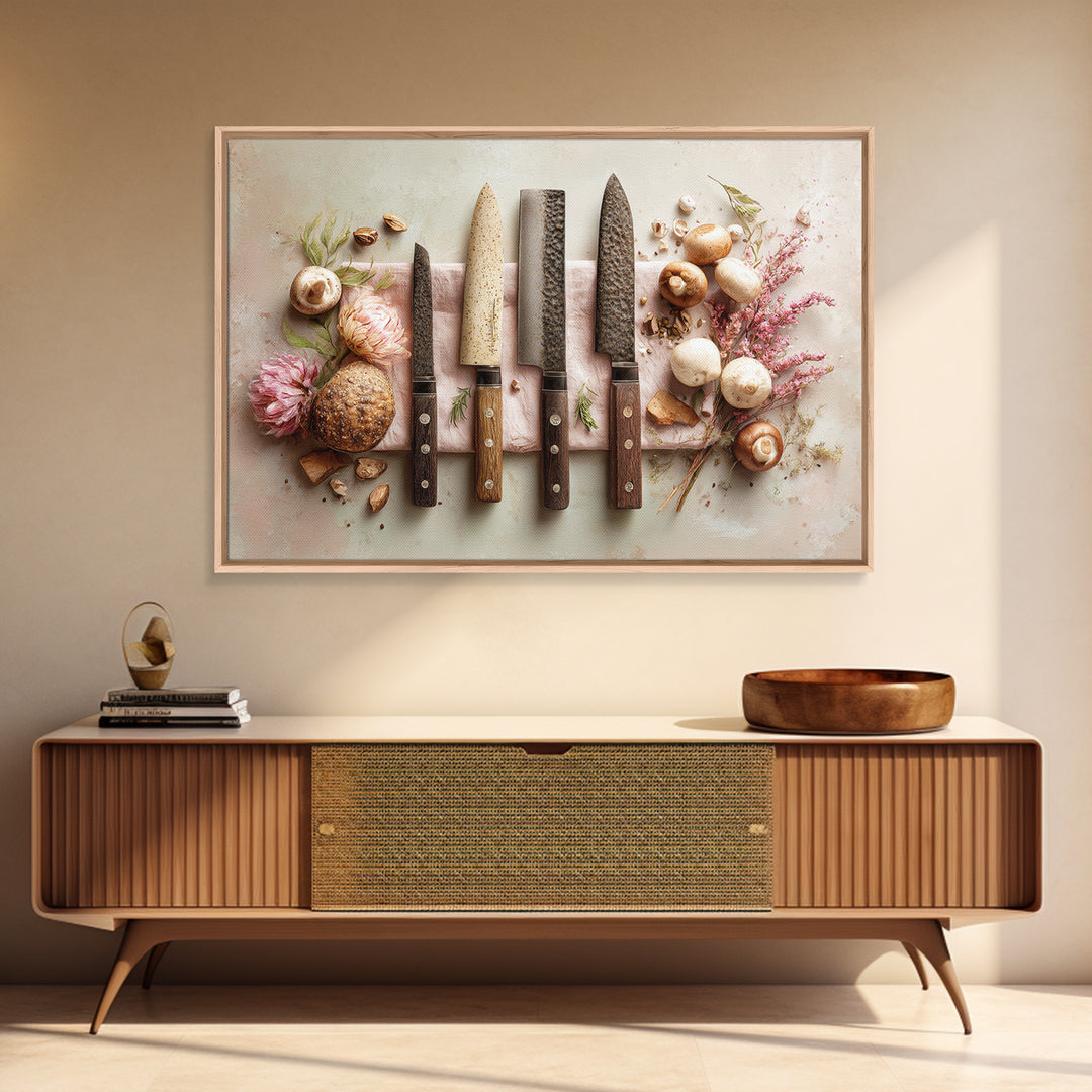 Chef Knives and Herbs Arranged as Graphic Framed Canvas Print, Kitchen Art, Art Prints, Kitchen Decor, Fine Art, Kitchen, KIT-3x2-14