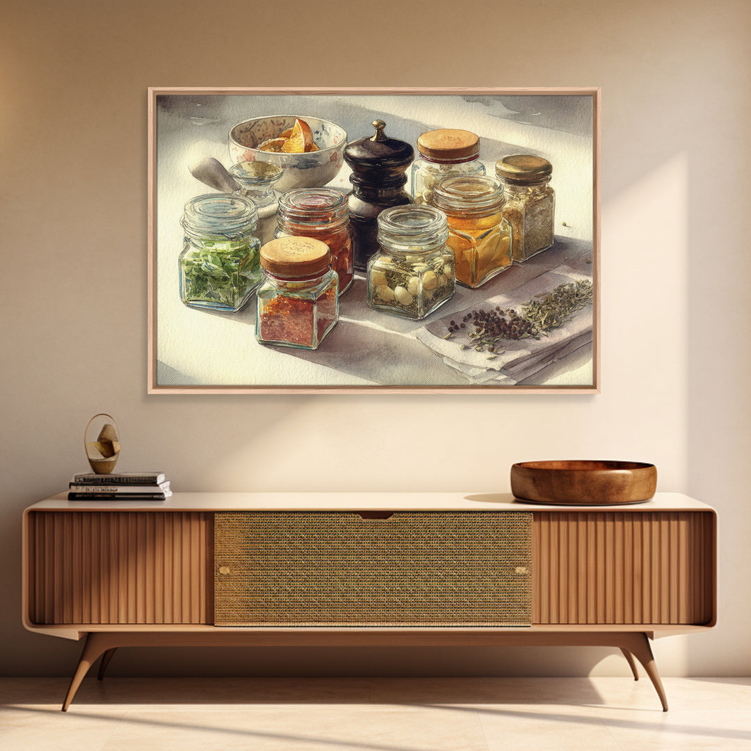 Watercolor Spice Jars Without Readable Labels Canvas Print, Kitchen Art, Kitchen Decor, Fine Art, Kitchen, Kitchen Art Print, KIT-3x2-17