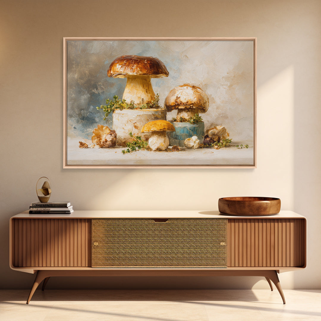 Mushrooms and Thyme Botanical Study Framed Canvas Print, Kitchen Art, Poster Art, Kitchen Decor, Fine Art, Kitchen, Boho Decor, KIT-3x2-19
