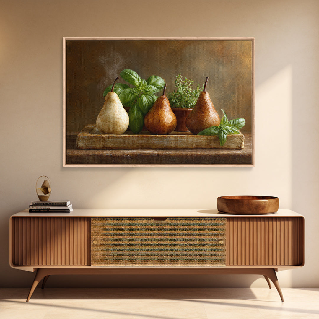 Farmhouse Pears on a Wooden Board Canvas Print, Kitchen Art, Coffee Art, Kitchen Decor, Oil Painting, Kitchen, Fine Art Print, KIT-3x2-37