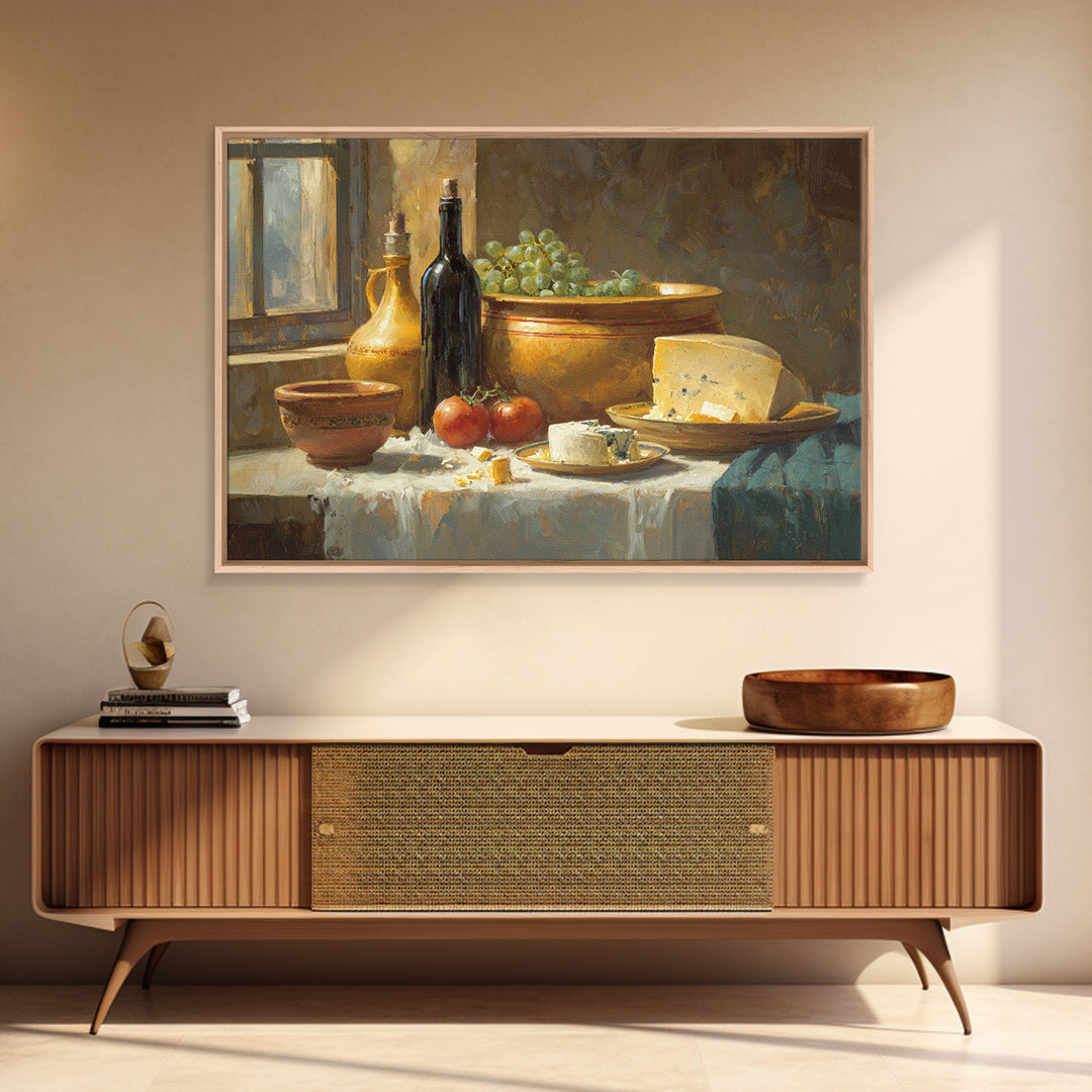 Wine Bottle Grapes and Cheese Still Life Framed Canvas Print, Kitchen Art, Modern Art, Kitchen Decor, Oil Painting, Kitchen, KIT-3x2-40