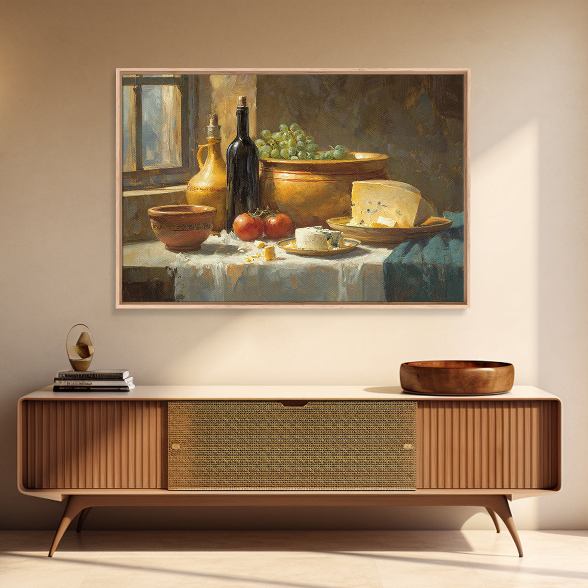 Wine Bottle Grapes and Cheese Still Life Framed Canvas Print, Kitchen Art, Modern Art, Kitchen Decor, Oil Painting, Kitchen, KIT-3x2-40
