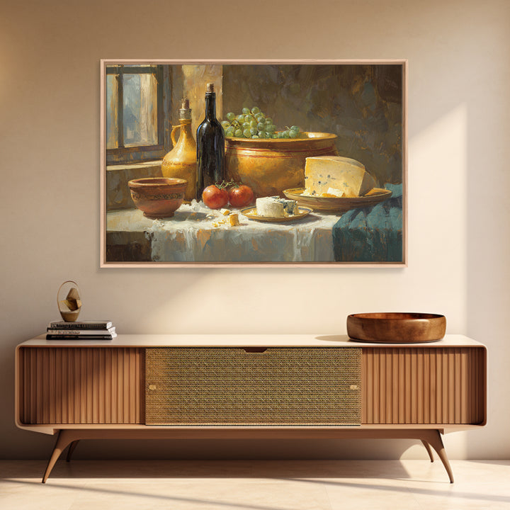 Wine Bottle Grapes and Cheese Still Life Framed Canvas Print, Kitchen Art, Modern Art, Kitchen Decor, Oil Painting, Kitchen, KIT-3x2-40