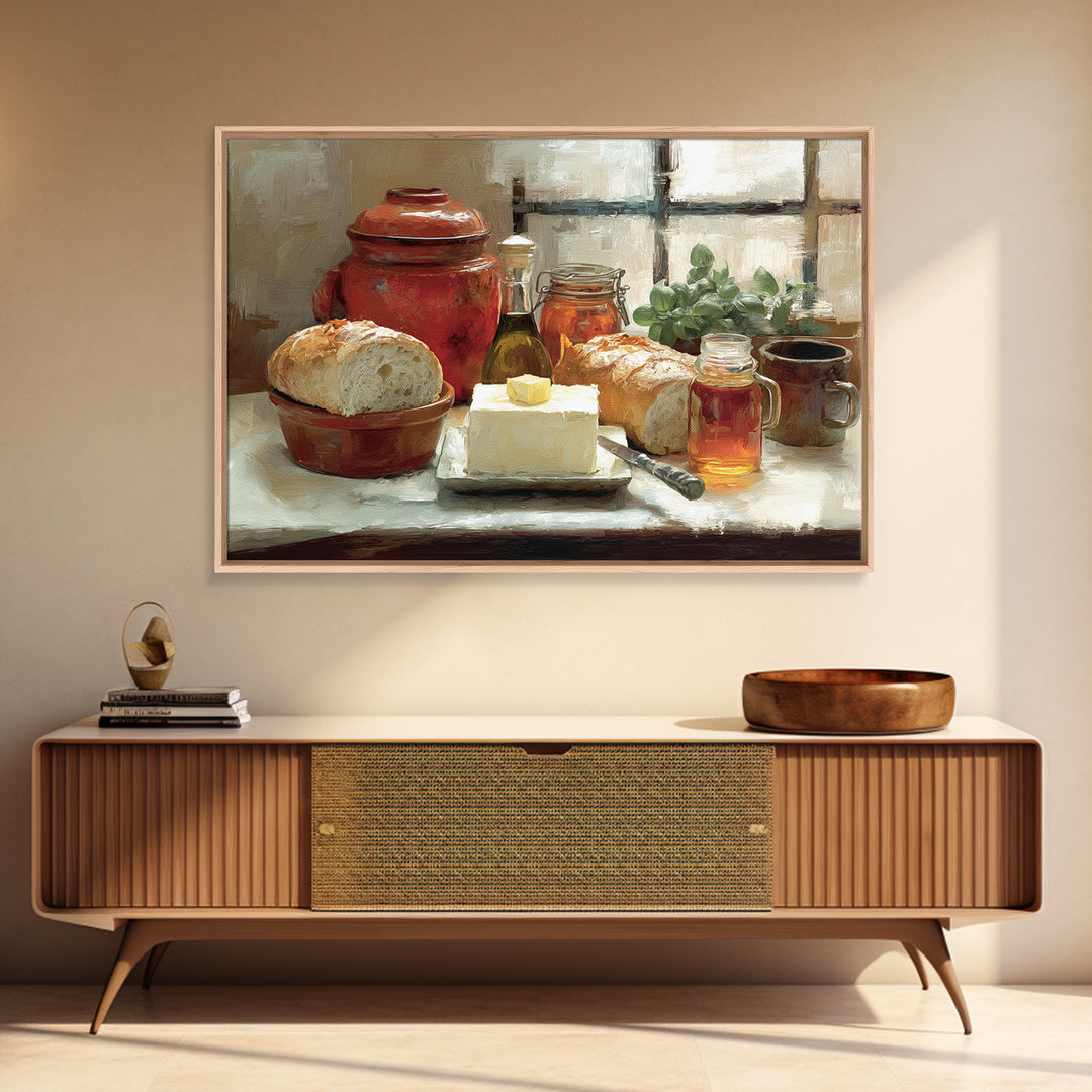 Fresh Bread with Butter and Honey Framed Canvas Print, Kitchen Art, Printable Art, Kitchen Decor, Kitchen, Coffee Wall Art, KIT-3x2-46