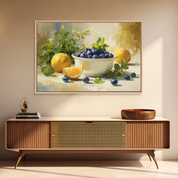 Blueberries in a White Bowl Framed Canvas Print, Kitchen Art, Room Decor, Kitchen Decor, Oil Painting, Kitchen, Digital Art, KIT-3x2-47