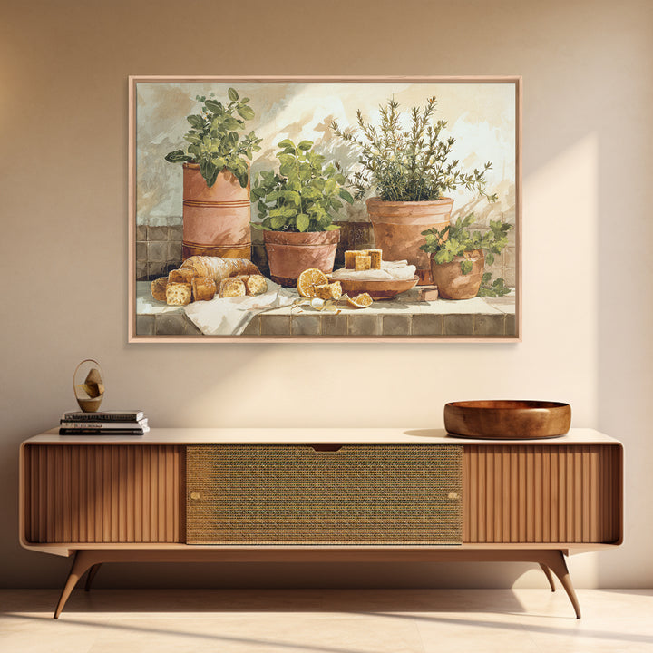 Fresh Herbs in Terracotta Pots Framed Canvas Print, Kitchen Art, Modern Art, Kitchen Decor, Fine Art, Kitchen, Neutral Decor, KIT-3x2-5