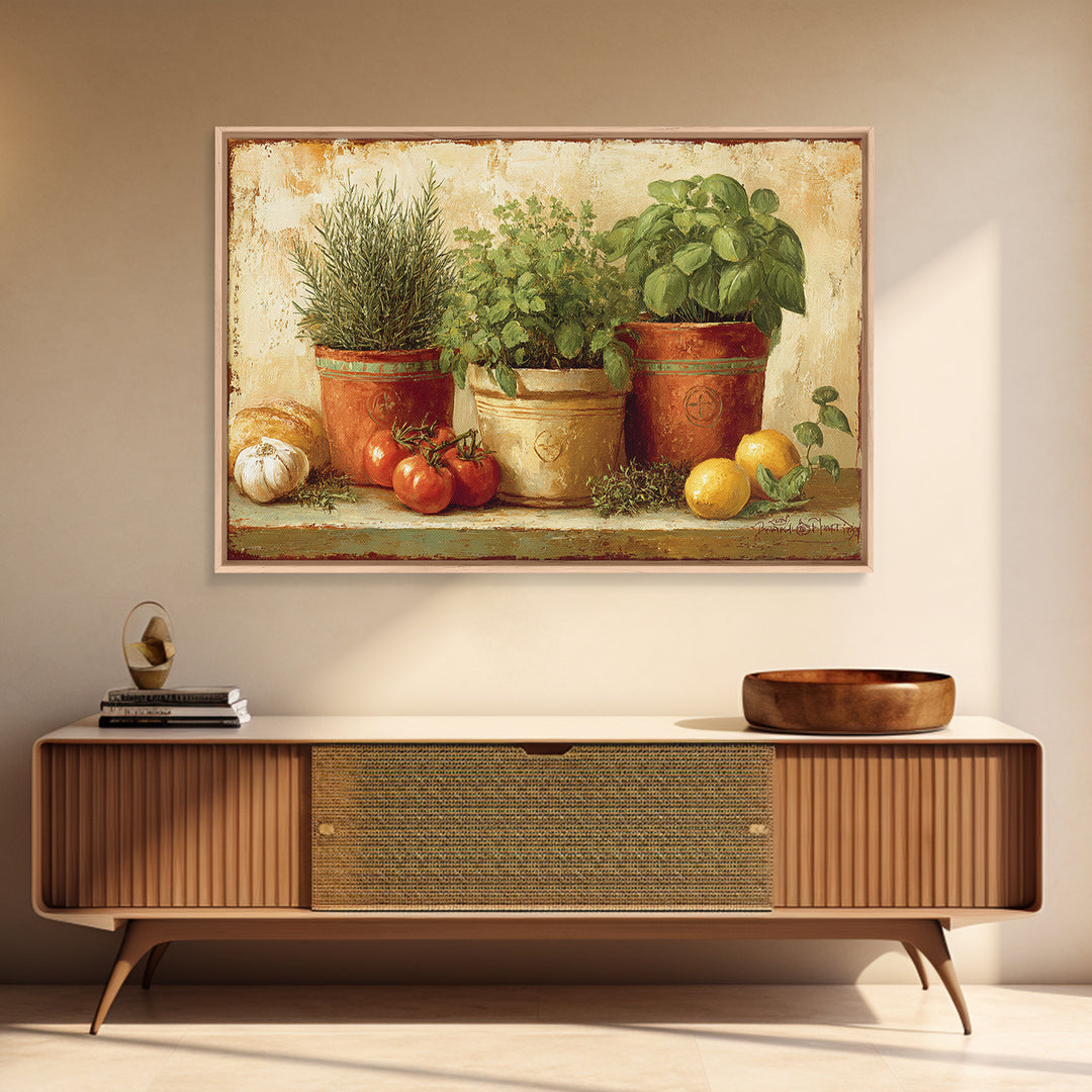 Fresh Herbs in Terracotta Pots Canvas Print, Kitchen Art, Dining Room Wall Art, Kitchen Decor, Fine Art, Kitchen, Luxury Decor, KIT-3x2-53