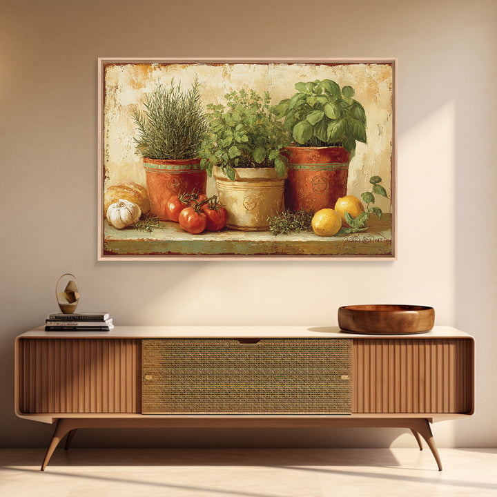 Fresh Herbs in Terracotta Pots Canvas Print, Kitchen Art, Dining Room Wall Art, Kitchen Decor, Fine Art, Kitchen, Luxury Decor, KIT-3x2-53