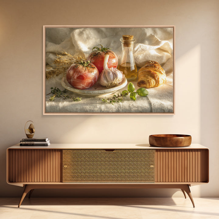 Tomatoes Garlic and Basil on Linen Framed Canvas Print, Kitchen Art, Kitchen, Kitchen Decor, Abstract Art, Kitchen, KIT-3x2-55
