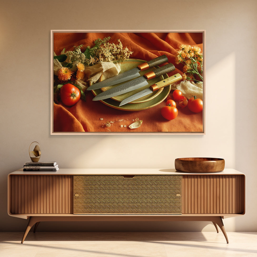 Chef Knives and Herbs Arranged as Graphic Canvas Print, Kitchen Art, Kitchen Wall Art, Kitchen Decor, Fine Art, Kitchen, KIT-3x2-62