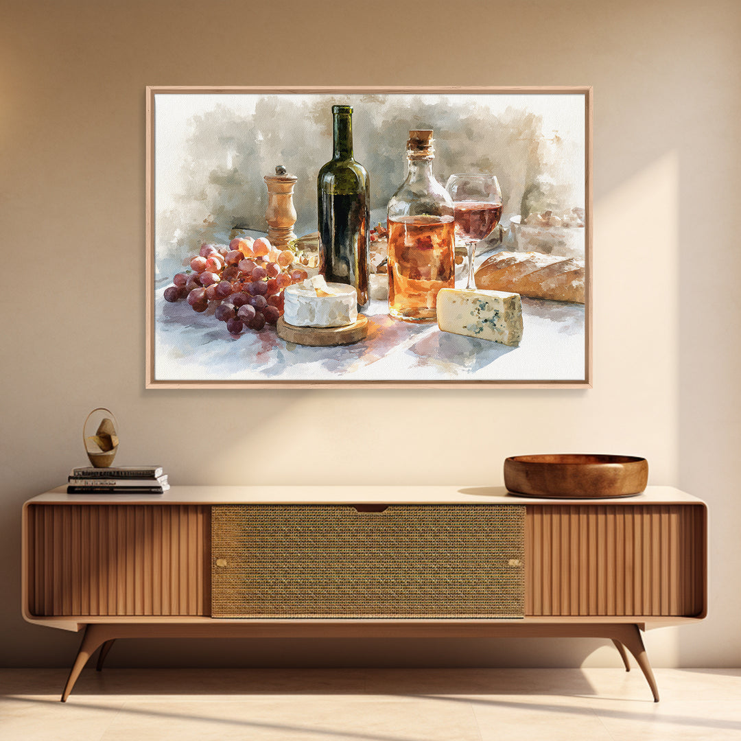 Wine Bottle Grapes and Cheese Still Life Framed Canvas Print, Kitchen Art, Gallery Decor, Kitchen Decor, Abstract Art, Kitchen, KIT-3x2-64