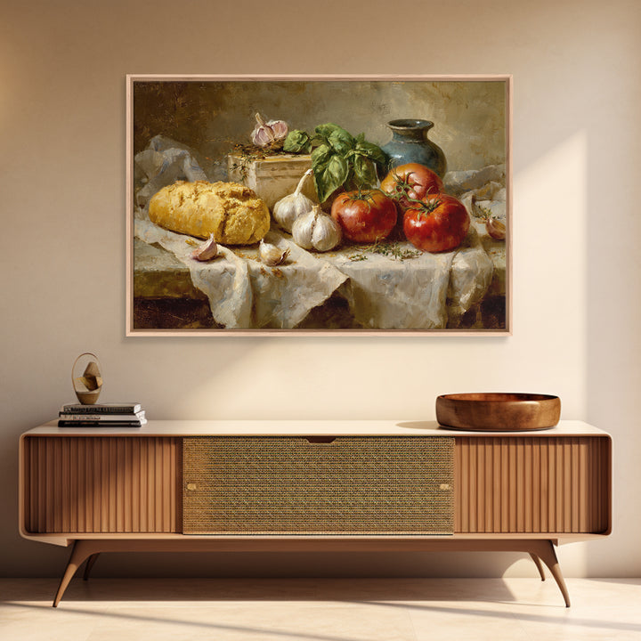 Tomatoes Garlic and Basil on Linen Framed Canvas Print, Kitchen Art, Home Decor, Kitchen Decor, Fine Art, Kitchen, KIT-3x2-7
