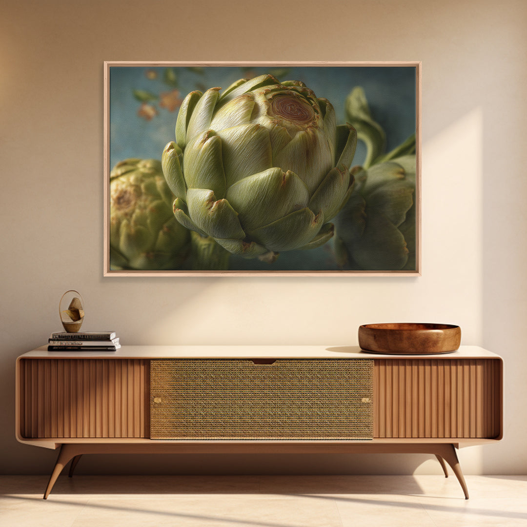 Artichoke Closeup in Painterly Green Tones Canvas Print, Kitchen Art, Modern Decor, Kitchen Decor, Fine Art, Kitchen, KIT-3x2-72