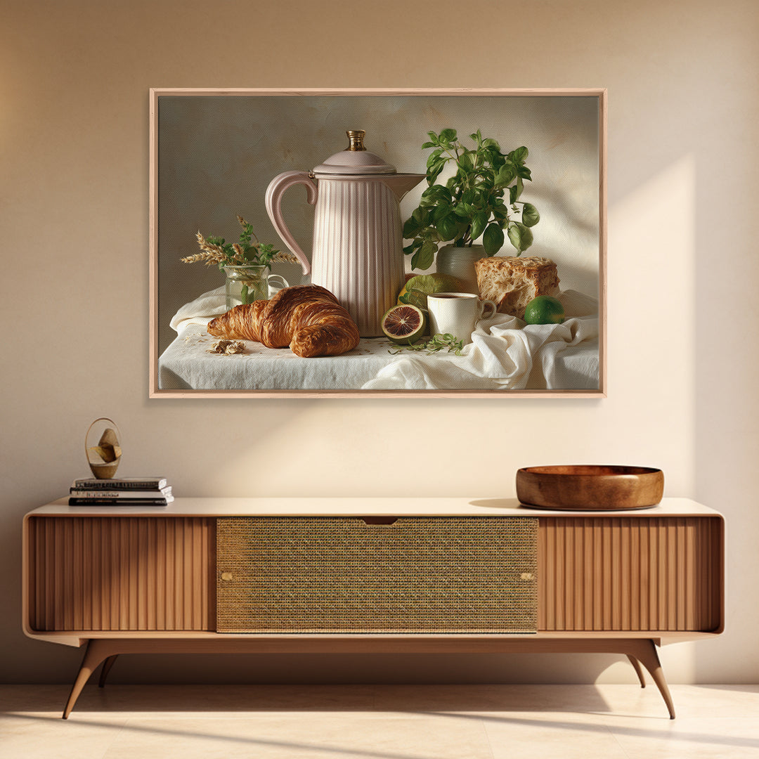 Coffee Pot and Croissant Morning Still Life Canvas Print, Kitchen Art, Wall Art, Kitchen Decor, Kitchen, Kitchen Wall Art, KIT-3x2-83