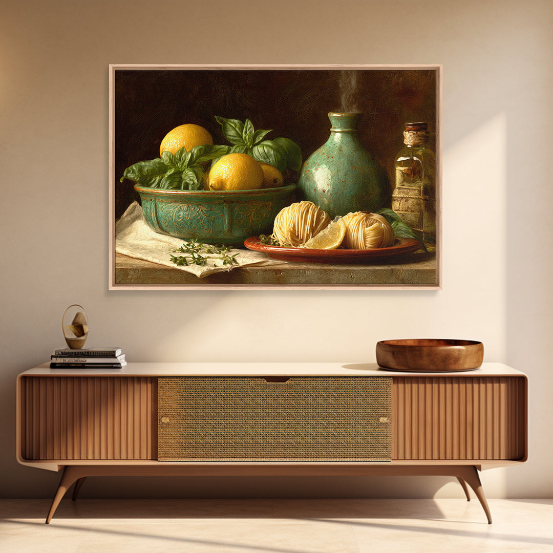 Pasta Lemons and Basil Mediterranean Still Life Canvas Print, Kitchen Art, Kitchen Art Print, Kitchen Decor, Fine Art, Kitchen, KIT-3x2-93