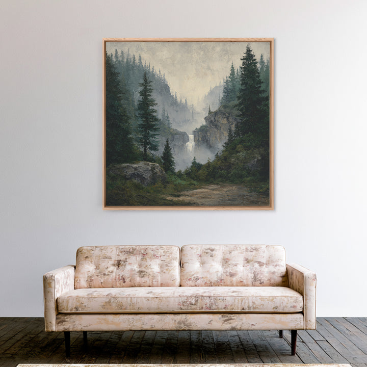 Waterfall Hidden in Dense Forest Framed Canvas Print, Landscape Art, Decor, Living Room Decor, Oil Painting, Horizon, LAN-1x1-12