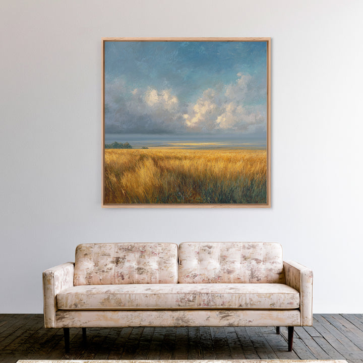 Golden Wheat Field Beneath Huge Clouds Framed Canvas Print, Landscape Art, Wall Art Print, Living Room Decor, Fine Art, Horizon, LAN-1x1-24
