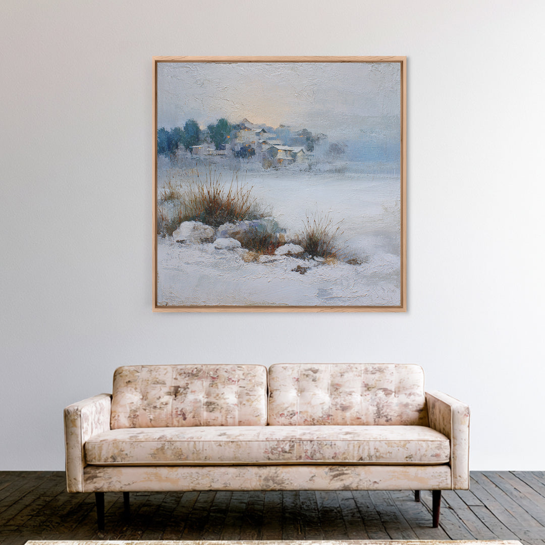 Snow Covered Alpine Village at Dusk Canvas Print, Landscape Art, Abstract Wall Art, Living Room Decor, Fine Art, Horizon, LAN-1x1-31