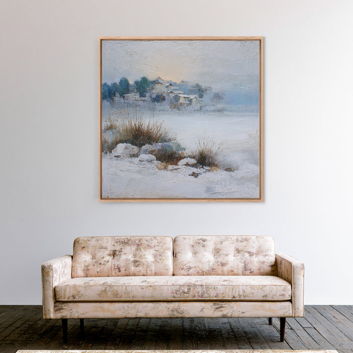Snow Covered Alpine Village at Dusk Canvas Print, Landscape Art, Abstract Wall Art, Living Room Decor, Fine Art, Horizon, LAN-1x1-31