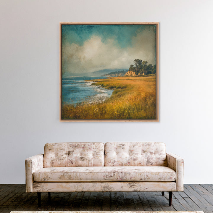 Coastal Cliffs with Crashing Waves Framed Canvas Print, Landscape Art, Gallery Decor, Living Room Decor, Fine Art, Horizon, LAN-1x1-32
