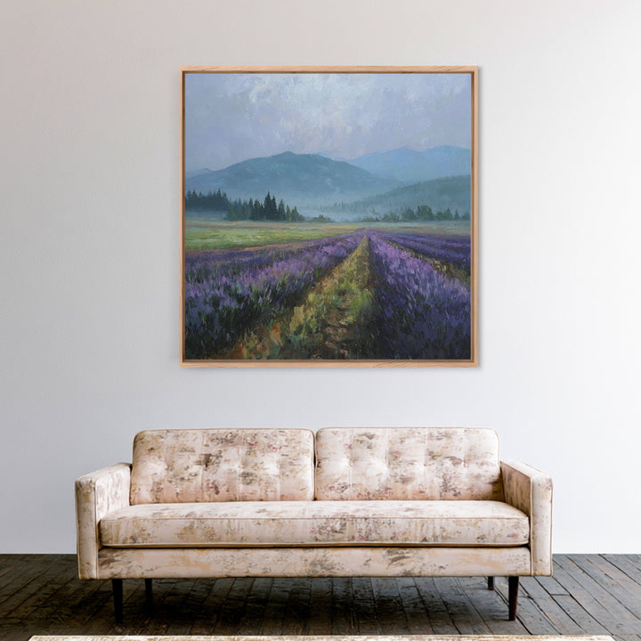 Lavender Field Leading to Distant Hills Framed Canvas Print, Landscape Art, Modern Art, Living Room Decor, Watercolor Art, LAN-1x1-34