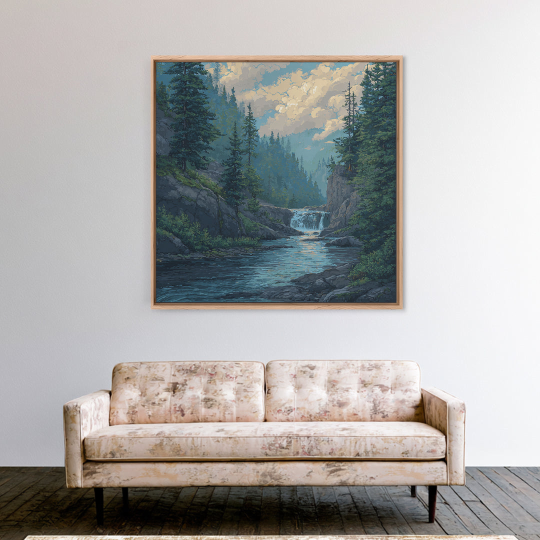 Waterfall Hidden in Dense Forest Canvas Print, Landscape Art, Original Painting, Living Room Decor, Fine Art, Horizon, LAN-1x1-36