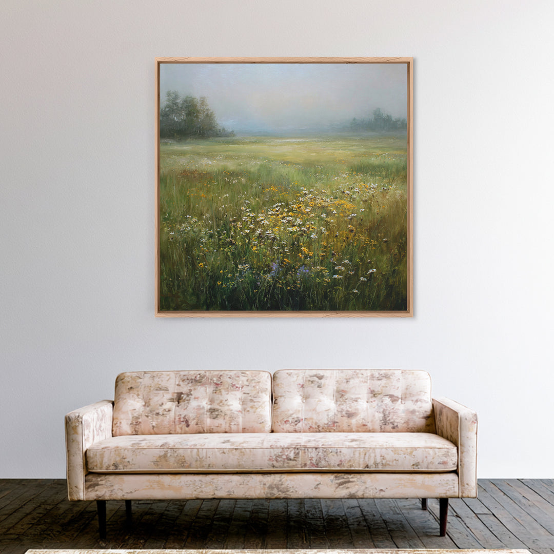 Sunlit Meadow with Wildflowers Framed Canvas Print, Landscape Art, Boho Decor, Living Room Decor, Fine Art, Horizon, Art Prints, LAN-1x1-37