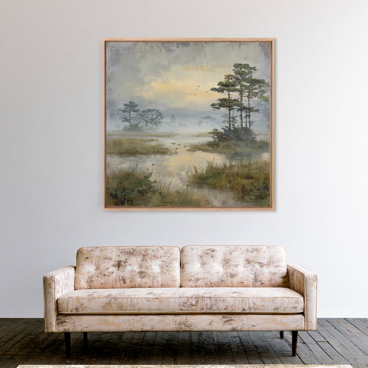 Misty Cypress Swamp Framed Canvas Print, Landscape Art, Living Room Wall Art, Living Room Decor, Oil Painting, Horizon, LAN-1x1-46