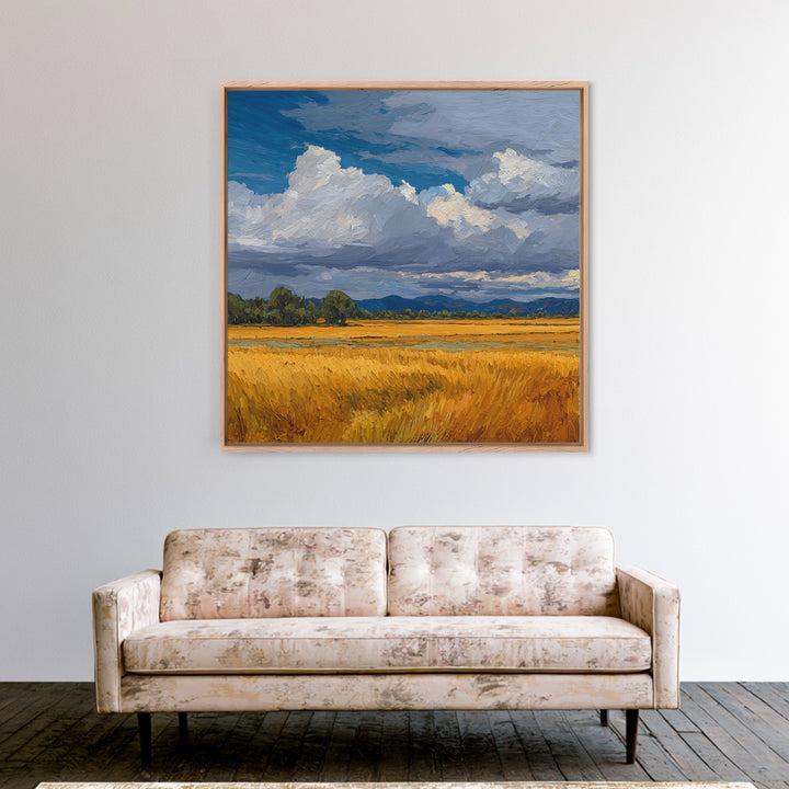 Golden Wheat Field Beneath Huge Clouds Framed Canvas Print, Landscape Art, Decor, Living Room Decor, Oil Painting, Horizon, LAN-1x1-48