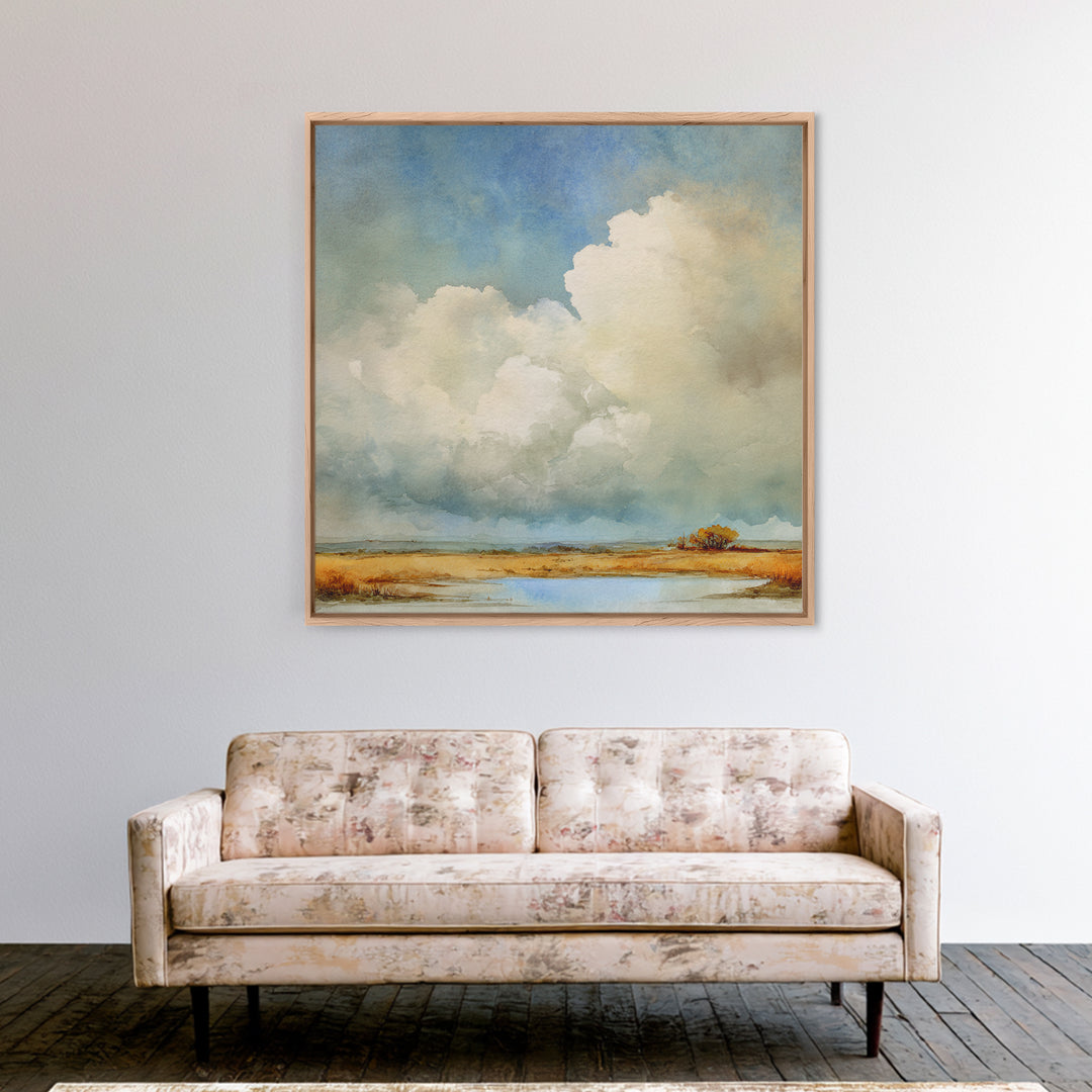 Storm Clouds over an Open Prairie Framed Canvas Print, Landscape Art, Floral Wall Art, Living Room Decor, Fine Art, Horizon, LAN-1x1-51