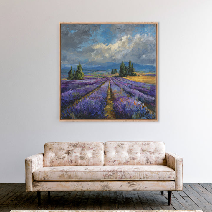 Lavender Field Leading to Distant Hills Framed Canvas Print, Landscape Art, Modern Art, Living Room Decor, Watercolor Art, LAN-1x1-58