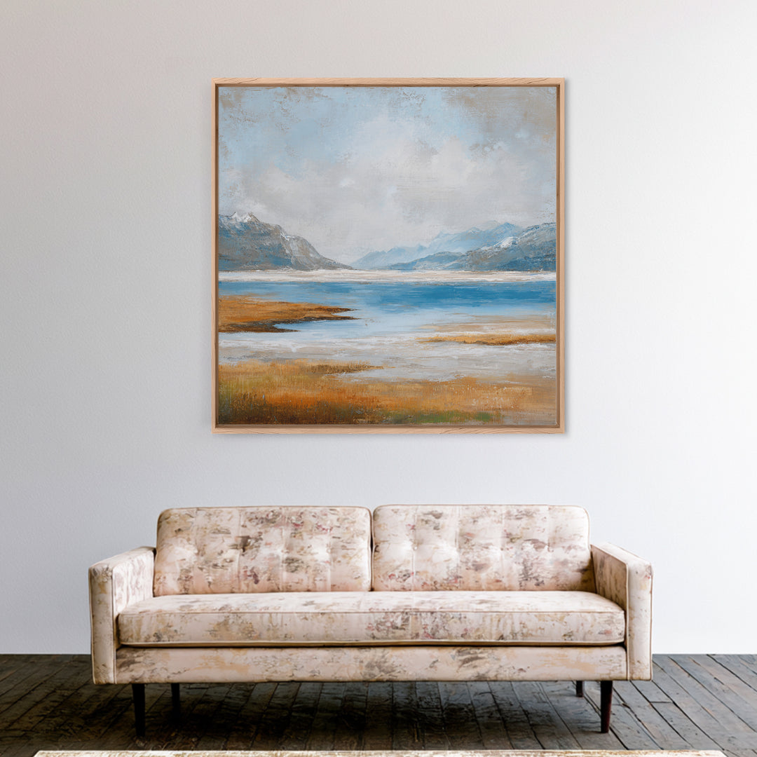 Fjord Landscape with Icy Blue Water Framed Canvas Print, Landscape Art, Neutral Decor, Living Room Decor, Oil Painting, Horizon, LAN-1x1-63