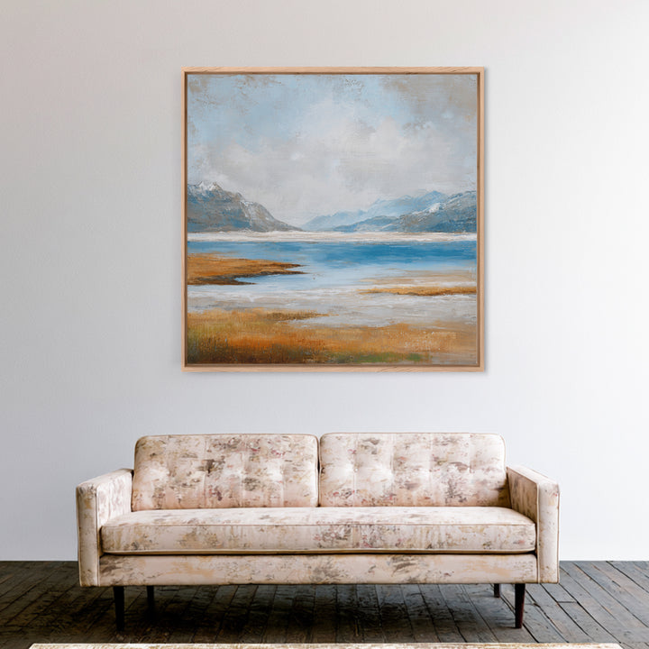 Fjord Landscape with Icy Blue Water Framed Canvas Print, Landscape Art, Neutral Decor, Living Room Decor, Oil Painting, Horizon, LAN-1x1-63