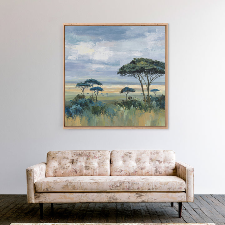 Wide Savanna with Acacia Silhouette Framed Canvas Print, Landscape Art, Modern Decor, Living Room Decor, Fine Art, Horizon, LAN-1x1-67