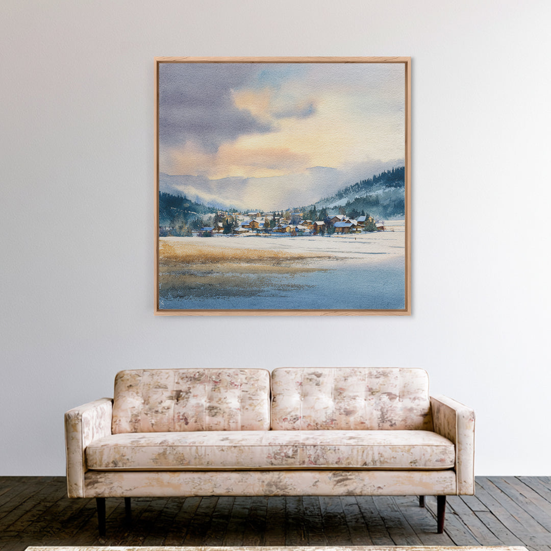 Snow Covered Alpine Village at Dusk Framed Canvas Print, Landscape Art, Framed Wall Art, Living Room Decor, Oil Painting, LAN-1x1-7