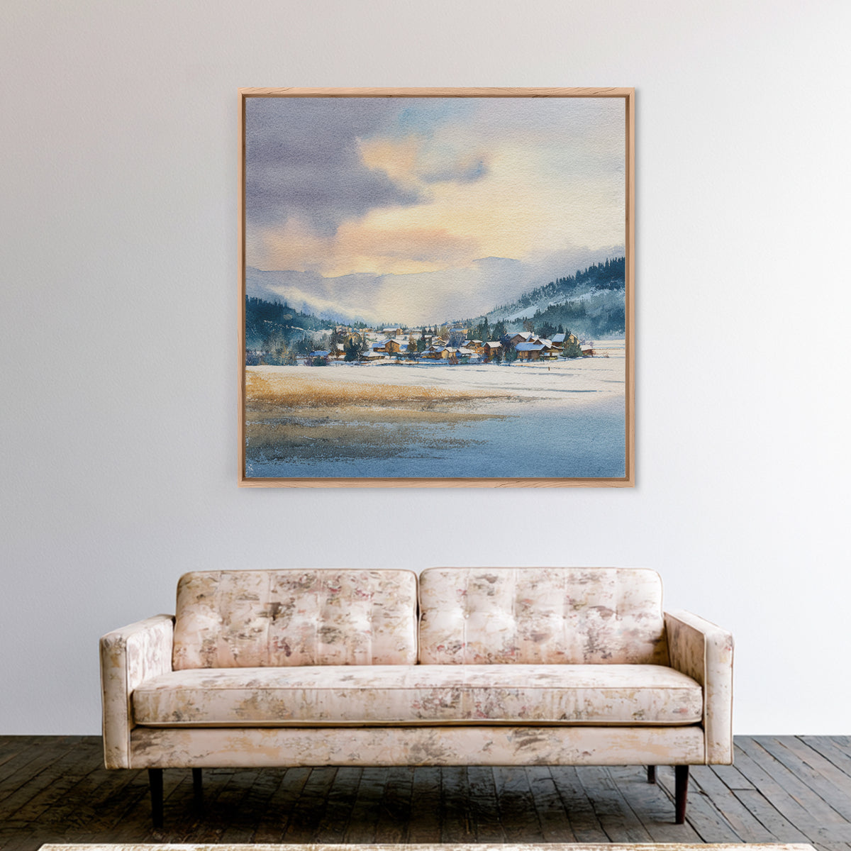 Snow Covered Alpine Village at Dusk Framed Canvas Print, Landscape Art, Framed Wall Art, Living Room Decor, Oil Painting, LAN-1x1-7
