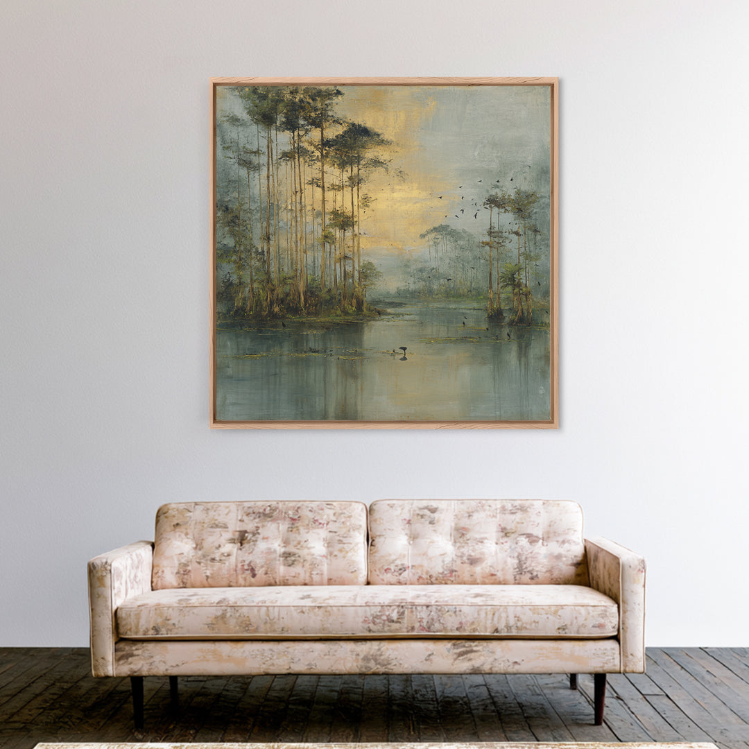 Misty Cypress Swamp Framed Canvas Print, Landscape Art, Living Room Wall Art, Living Room Decor, Oil Painting, Horizon, LAN-1x1-70