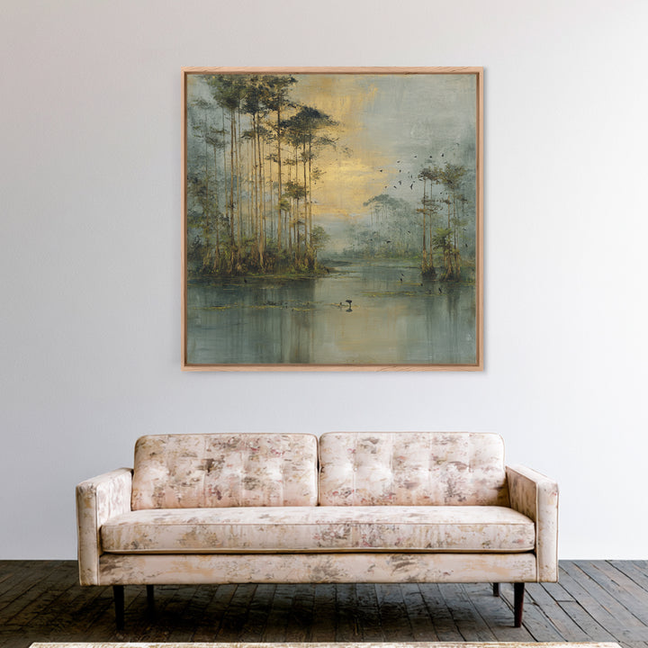 Misty Cypress Swamp Framed Canvas Print, Landscape Art, Living Room Wall Art, Living Room Decor, Oil Painting, Horizon, LAN-1x1-70